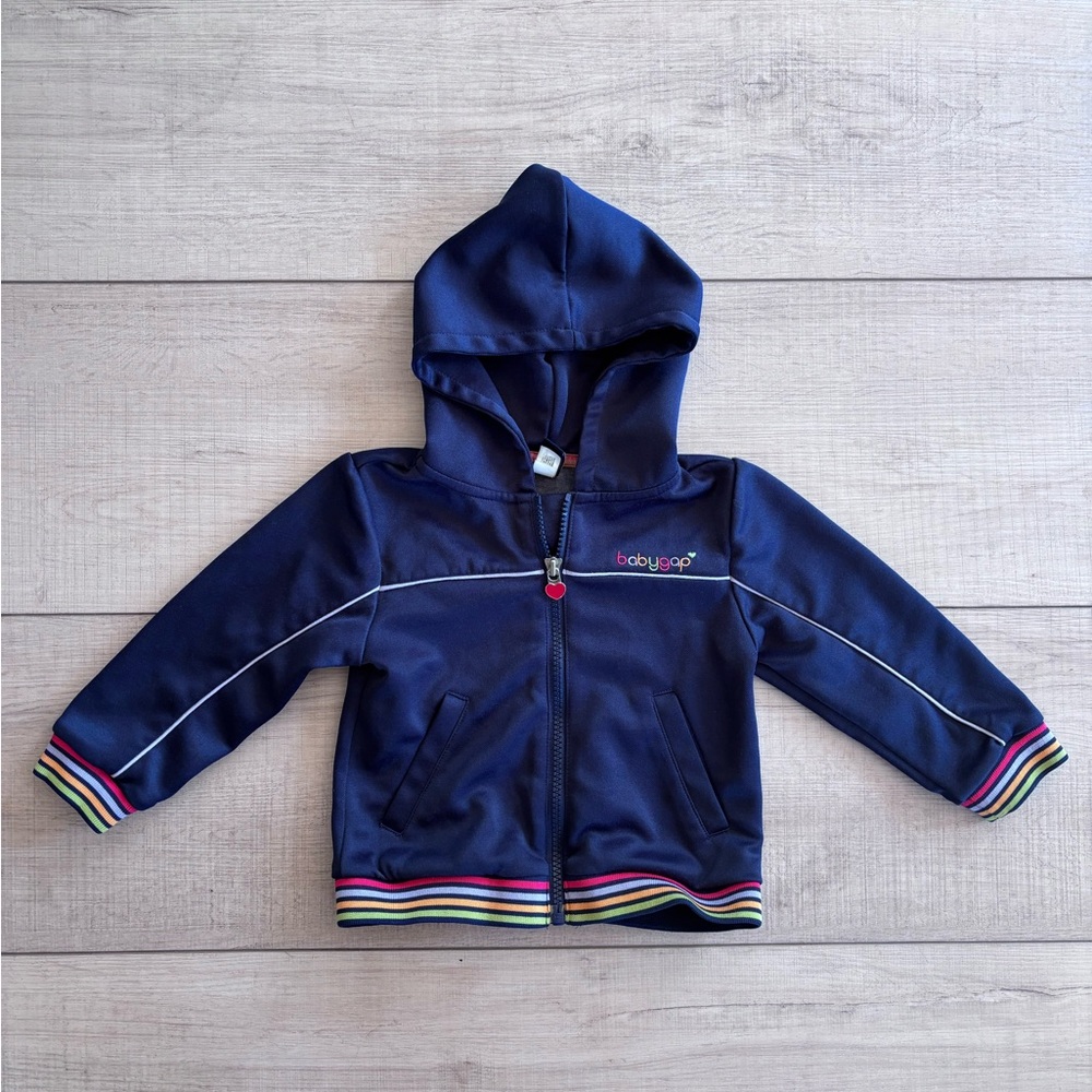 Baby Gap Navy Hooded Zip-Up Jacket with Rainbow Trim for Toddler 2T